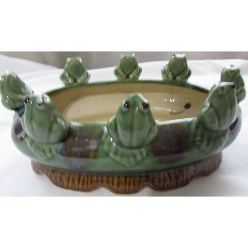 Frog Planter majolica - style multiple frogs on rim green brown indoor / outdoor